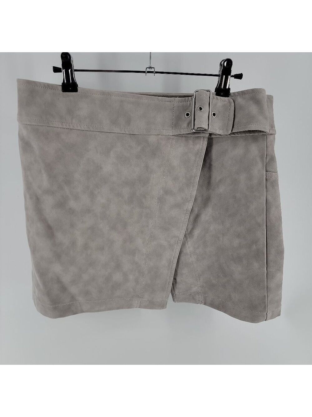 Free People NWT Faux Suede Mini Skirt Size 10 | Stone Gray Wrap Belted - Picture 3 of 13